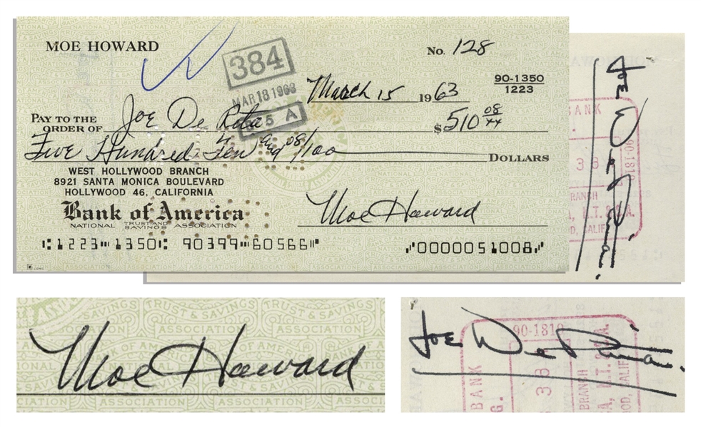 Moe Howard Check Signed to Joe DeRita -- Endorsed by DeRita on Verso -- Dated 15 March 1963 -- Very Good Condition